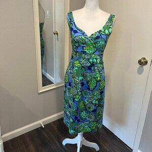 Anne Klein NY Blue/Green Floral Wrap Top Cotton Midi Dress, Size 6